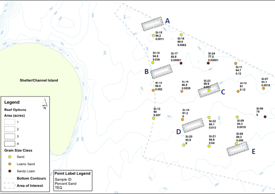 Map of substrate types at the proposed Saginaw Bay reef sites near Shelter/Channel Island, with reef option areas marked A–E, and sediment samples coded by grain size class and TEQ values.